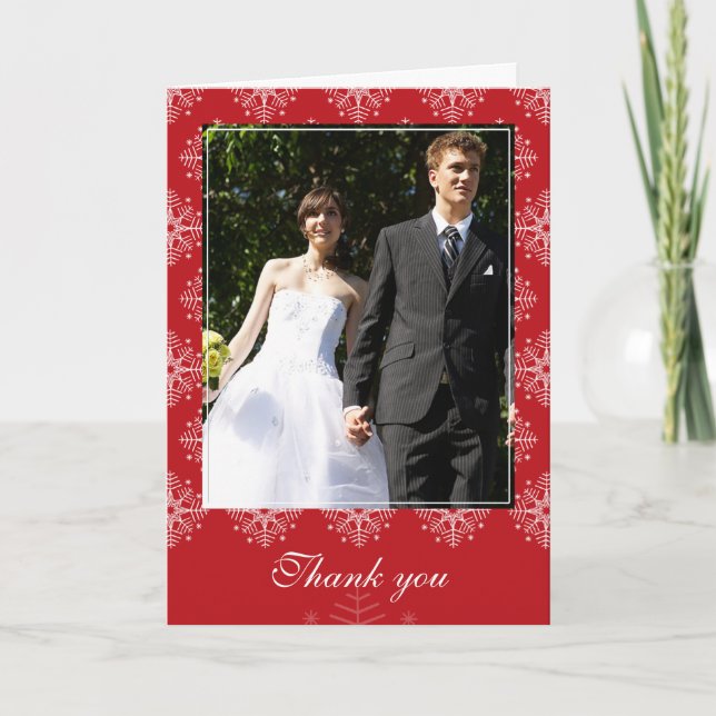 Tarjeta De Agradecimiento Rojo + copos de nieve boda de invierno gracias (Anverso)