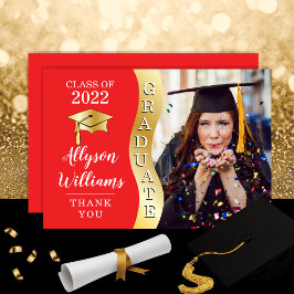 Tarjeta De Agradecimiento Rojo | Foto de tapón de Ola de Grado de Oro Gradua