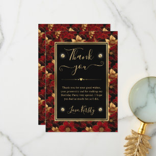 Tarjeta De Agradecimiento Rojo Negro y Mármol Dorado Floral Cumpleaños