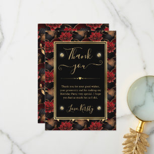 Tarjeta De Agradecimiento Rojo Negro y Mármol Dorado Floral Cumpleaños