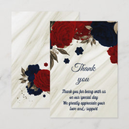 Tarjeta De Agradecimiento rojo y floral de mármol azul marino