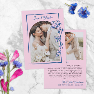 Tarjeta De Agradecimiento Romantic Blue Pink Rose Illustration Photo Wedding