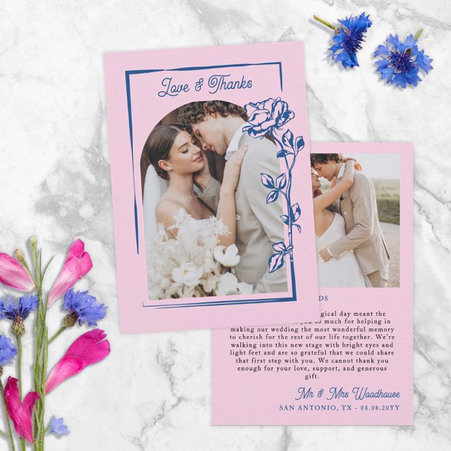 Tarjeta De Agradecimiento Romantic Blue Pink Rose Illustration Photo Wedding (Subido por el creador)