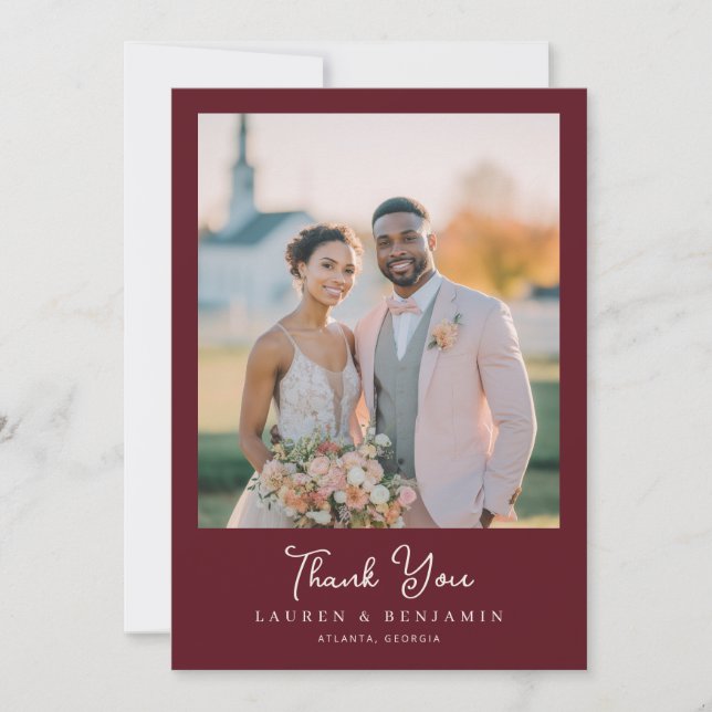 Tarjeta De Agradecimiento Romantic Maroon Wedding Photo (Anverso)
