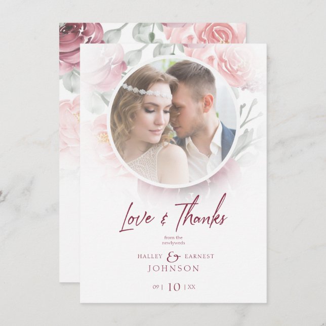 Tarjeta De Agradecimiento Romantic Modern Classic Floral Pink Shades Photo (Anverso / Reverso)