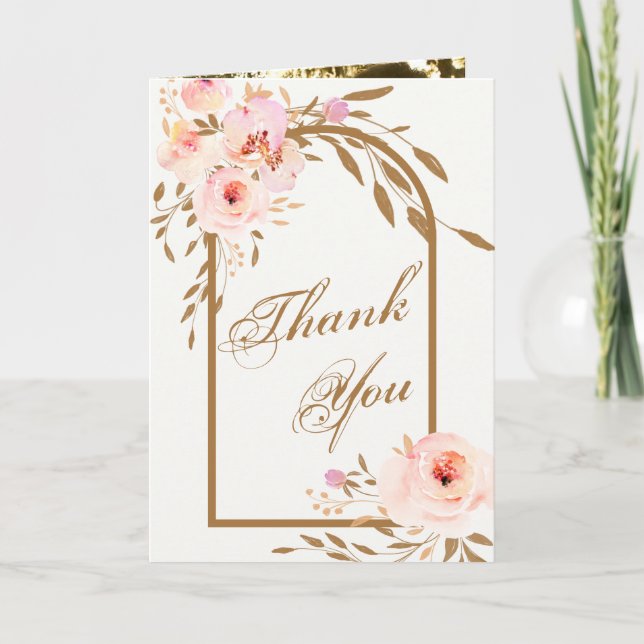 Tarjeta De Agradecimiento Romantic Pink Blush Gold Floral Wedding Photo (Anverso)