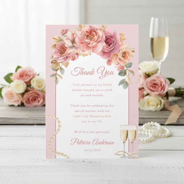 Tarjeta De Agradecimiento Romantic Pink Pearls & Prosecco Bridal Shower (Subido por el creador)