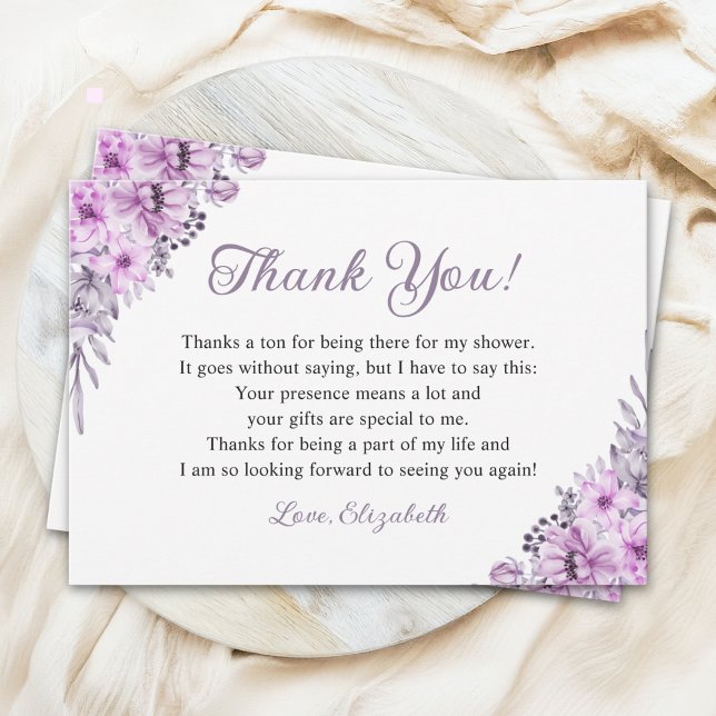 Tarjeta De Agradecimiento Romantic Purple Flowers Bridal Shower Party (Subido por el creador)