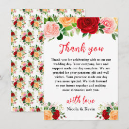 Tarjeta De Agradecimiento Romantic Red and Orange Roses Wedding