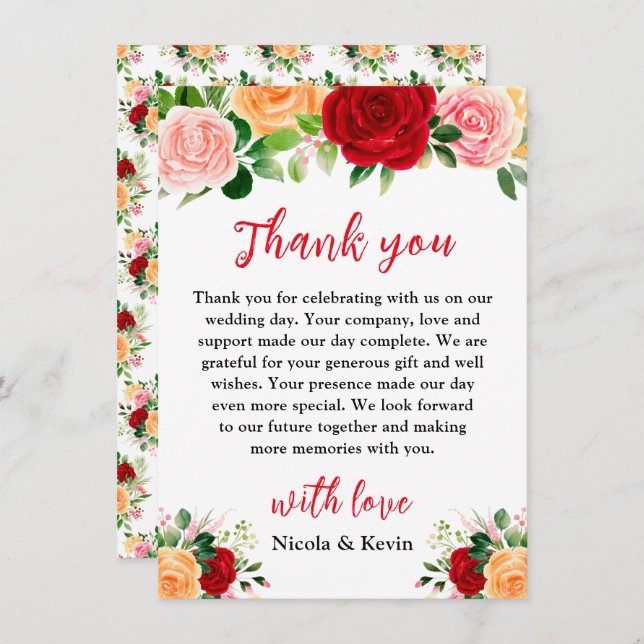 Tarjeta De Agradecimiento Romantic Red and Orange Roses Wedding (Anverso / Reverso)