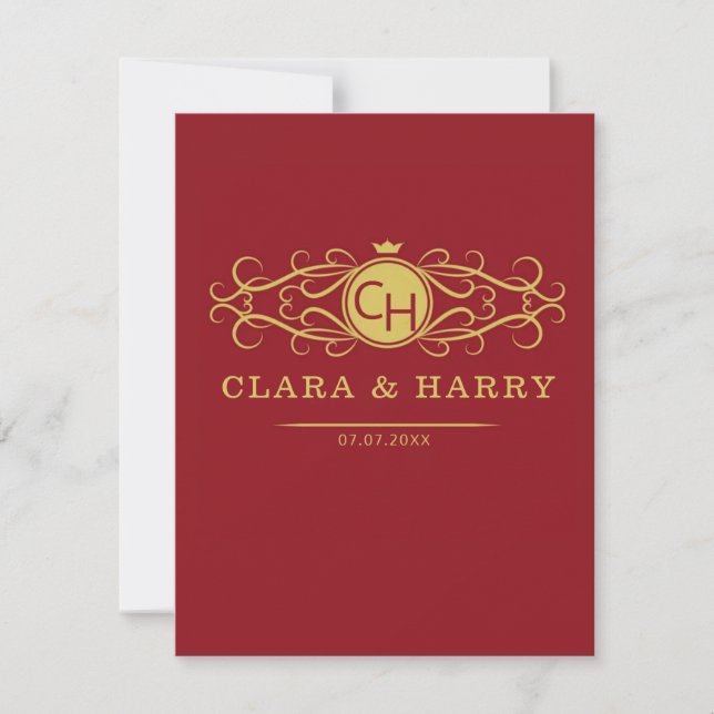 Tarjeta De Agradecimiento Romantic red gold elegant monogramme wedding  (Anverso)
