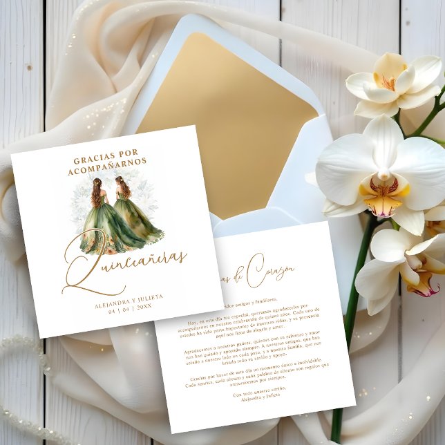 Tarjeta De Agradecimiento Romantic Spanish Quinceañeras Twins Dolls Green (Romantic Spanish Quinceañeras Twins Dolls in Green and Brown Shades Thanks You Cards. )