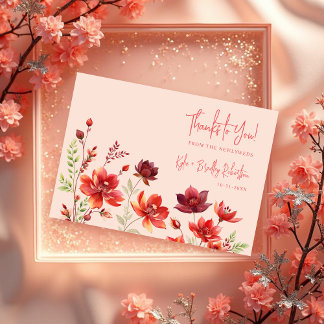 Tarjeta De Agradecimiento Romantic Wildflowers Juicy Red Pink Wedding