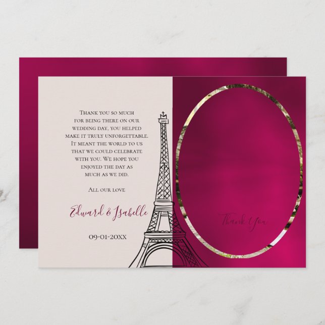 Tarjeta De Agradecimiento Romántica Borgoña y Rosa Torre Eifel Foto Pareja (Anverso / Reverso)