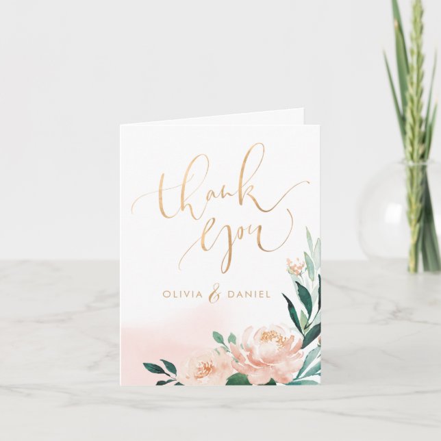 Tarjeta De Agradecimiento Romántica caligrafía floral de durazno de jardín (Anverso)