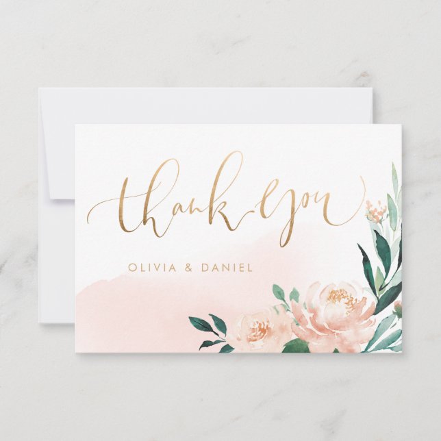Tarjeta De Agradecimiento Romántica caligrafía floral de durazno de jardín (Anverso)