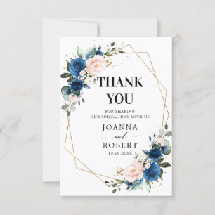 Tarjeta De Agradecimiento Romántico azul marino rosa floral geométrico