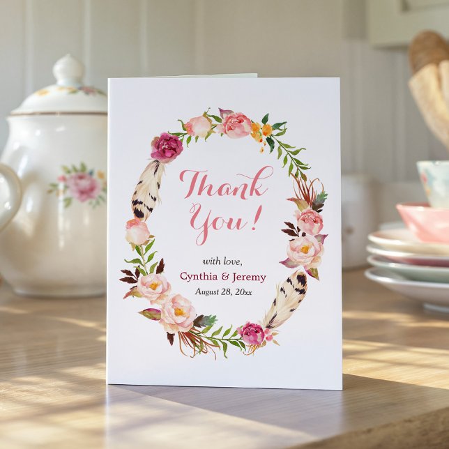 Tarjeta De Agradecimiento Romántico Boho Feather Floral Wreath Gracias (Subido por el creador)