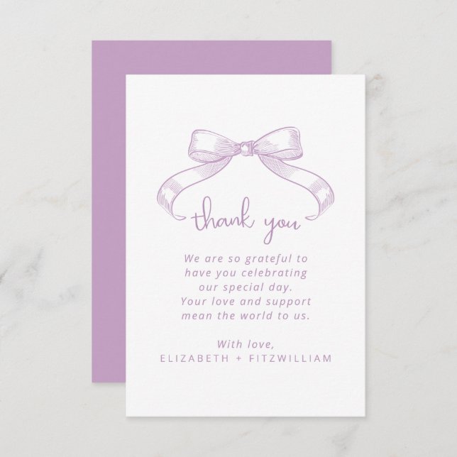 Tarjeta De Agradecimiento Romántico Bow | Lilac Boda (Anverso / Reverso)