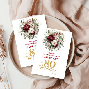 Tarjeta De Agradecimiento Romántico Burgundy Rubor Cumpleaños 80 Gracias