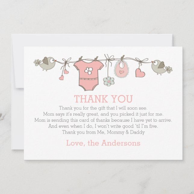 Tarjeta De Agradecimiento Ropa chica rosa elegante gracias BABY SHOWER (Anverso)