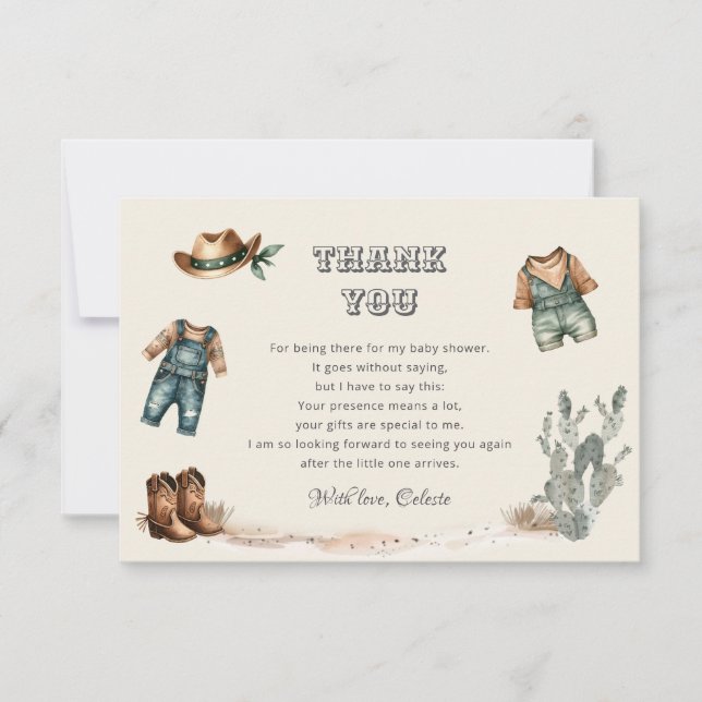 Tarjeta De Agradecimiento Ropa de vaquero de Wild West Baby Shower (Anverso)