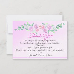 Tarjeta De Agradecimiento Rosa agua de rosas acuarela ombre cruz bautizo niñ