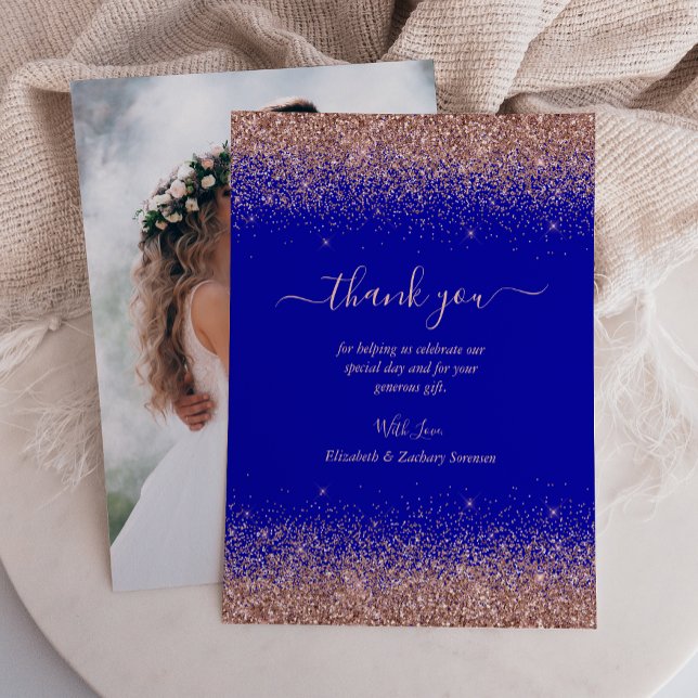 Tarjeta De Agradecimiento Rosa azul real Purpurina de oro Boda fotográfico (Subido por el creador)