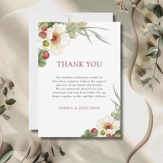 Tarjeta De Agradecimiento Rosa blanca y Boda de fresa silvestre (White Rose and Wild Strawberry Wedding Thank You Card with Envelope)