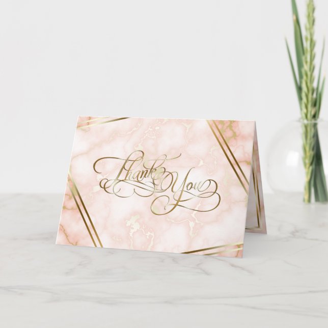 Tarjeta De Agradecimiento Rosa boda y caligrafía ornada de mármol dorado (Anverso)