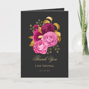 Tarjeta De Agradecimiento Rosa Caliente y Floral Dorado