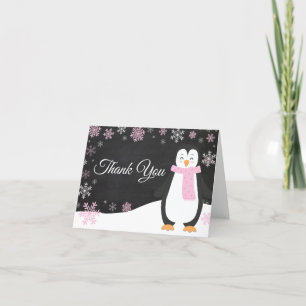 Tarjeta de agradecimiento rosa copo de nieve pingü