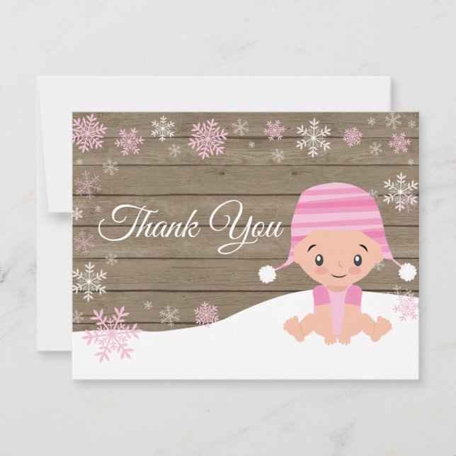 Tarjeta de agradecimiento rosa copo de nieve rústi (Anverso)