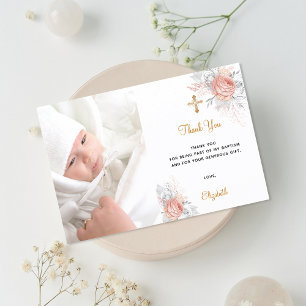 Tarjeta De Agradecimiento Rosa de bautismo personalizado floral de oro foto