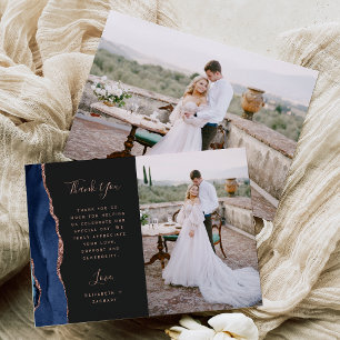 Tarjeta De Agradecimiento Rosa de Boda Oro Oscuro de la Marina Azul