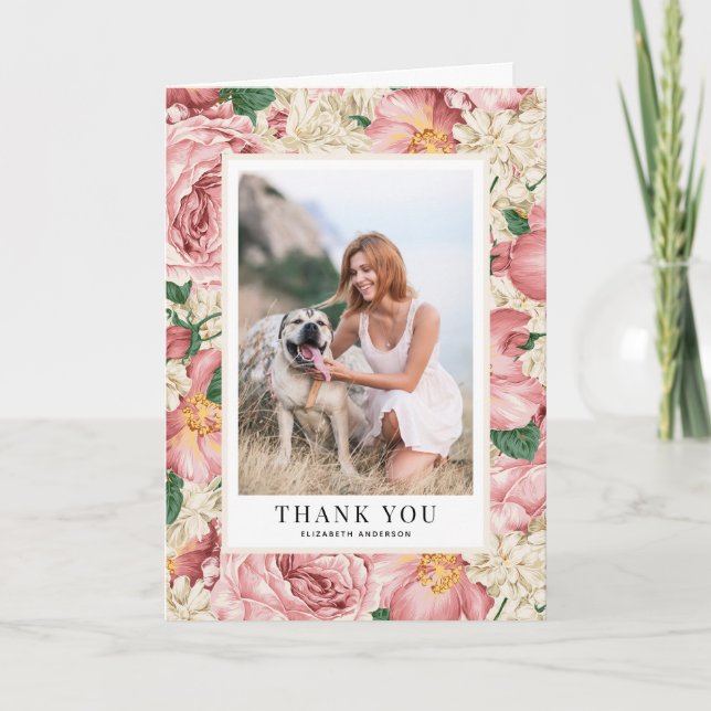 Tarjeta De Agradecimiento Rosa de cosecha y foto de graduación de Hydrangea (Anverso)