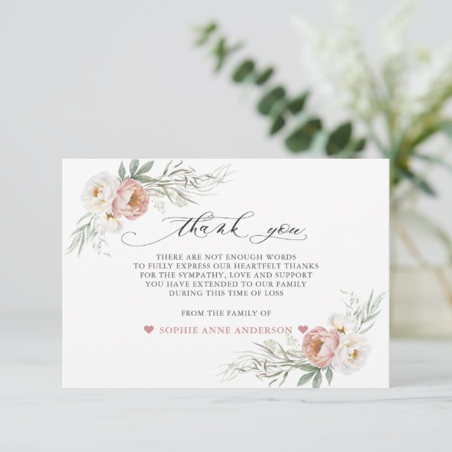 Tarjeta De Agradecimiento Rosa De Flores Blancas Polvorientas En Memoria Ama (Anverso de pie)