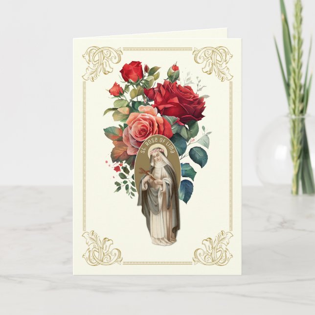 Tarjeta De Agradecimiento Rosa de Lima Rosa Roja Bouquet Religioso (Anverso)