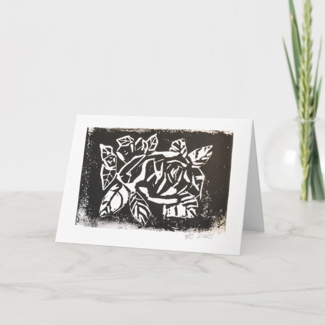 Tarjeta De Agradecimiento Rosa de Linocut (Anverso)