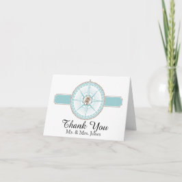 Tarjeta De Agradecimiento Rosa de los vientos de playa de boda azul y dorada