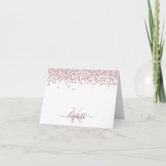 Tarjeta De Agradecimiento Rosa de moda Purpurina de diamantes oro Monogramad (Anverso)