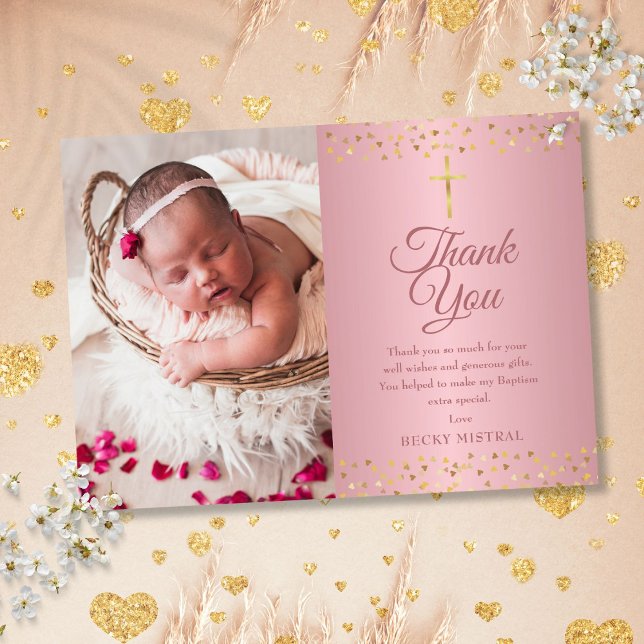 Tarjeta De Agradecimiento Rosa de Oro Bautismo Christening Hearts Photo (Rose Gold Baptism Christening Hearts Photo Thank You Card)