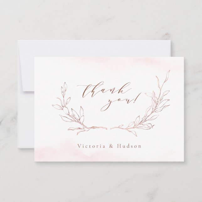 Tarjeta De Agradecimiento Rosa de oro simple boda de guirnaldas botánicas (Anverso)
