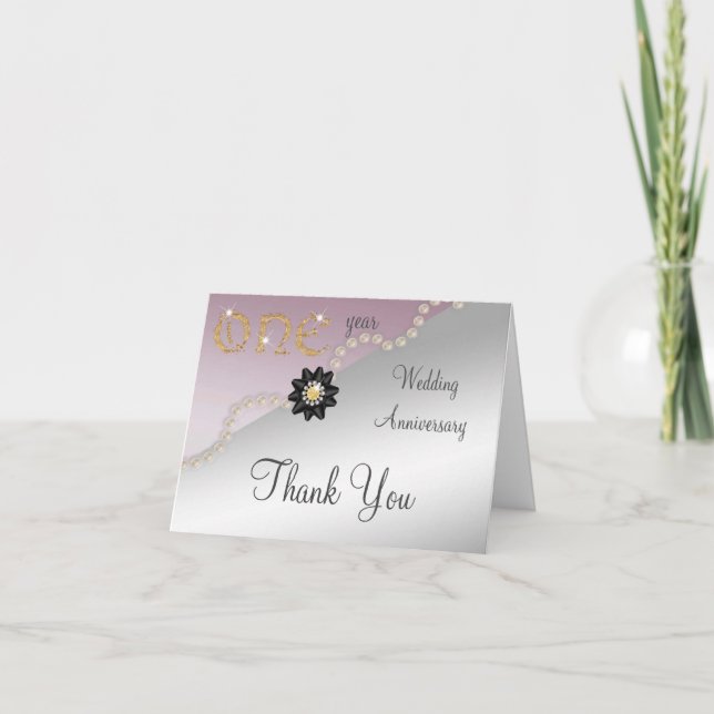 Tarjeta De Agradecimiento Rosa de plata Oro primer aniversario Boda Gracias (Anverso)