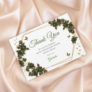 Tarjeta De Agradecimiento Rosa Dorada Verde Tiara Mariposas Quinceañera
