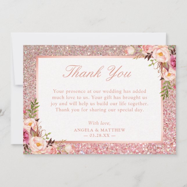 Tarjeta De Agradecimiento Rosa Dorado Brillo Rubor Floral Gracias (Anverso)