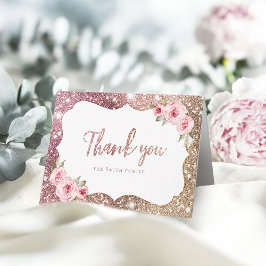Tarjeta De Agradecimiento Rosa dorado brillo y gracias floral