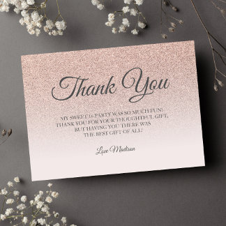 Tarjeta De Agradecimiento Rosa dorado purpurina rosa pálido gracias Sweet 16