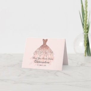 Tarjeta De Agradecimiento Rosa Dorado Sparkle Vestido Quinceanera Gracias