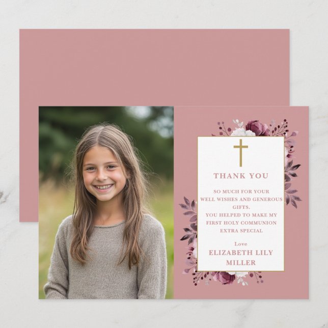 Tarjeta De Agradecimiento Rosa Dusty Boho Foto Floral Primera Comunión Sagra (Anverso / Reverso)